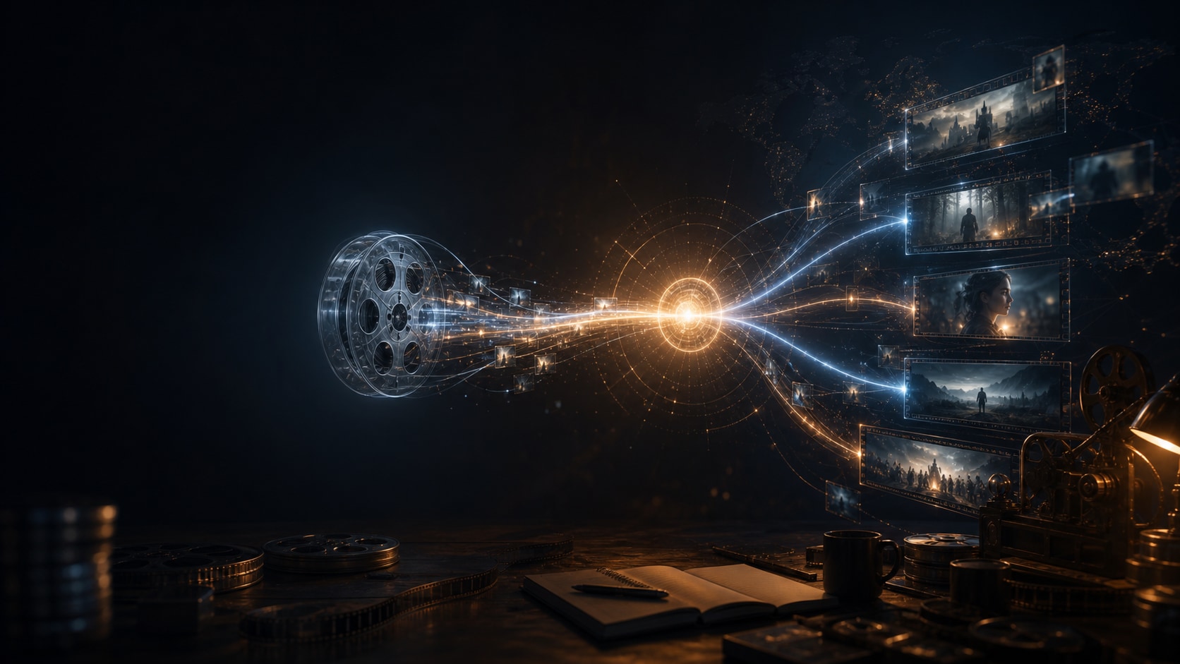 Abstract cinematic visual with film frames, a context core, and beams connecting coherent video shots