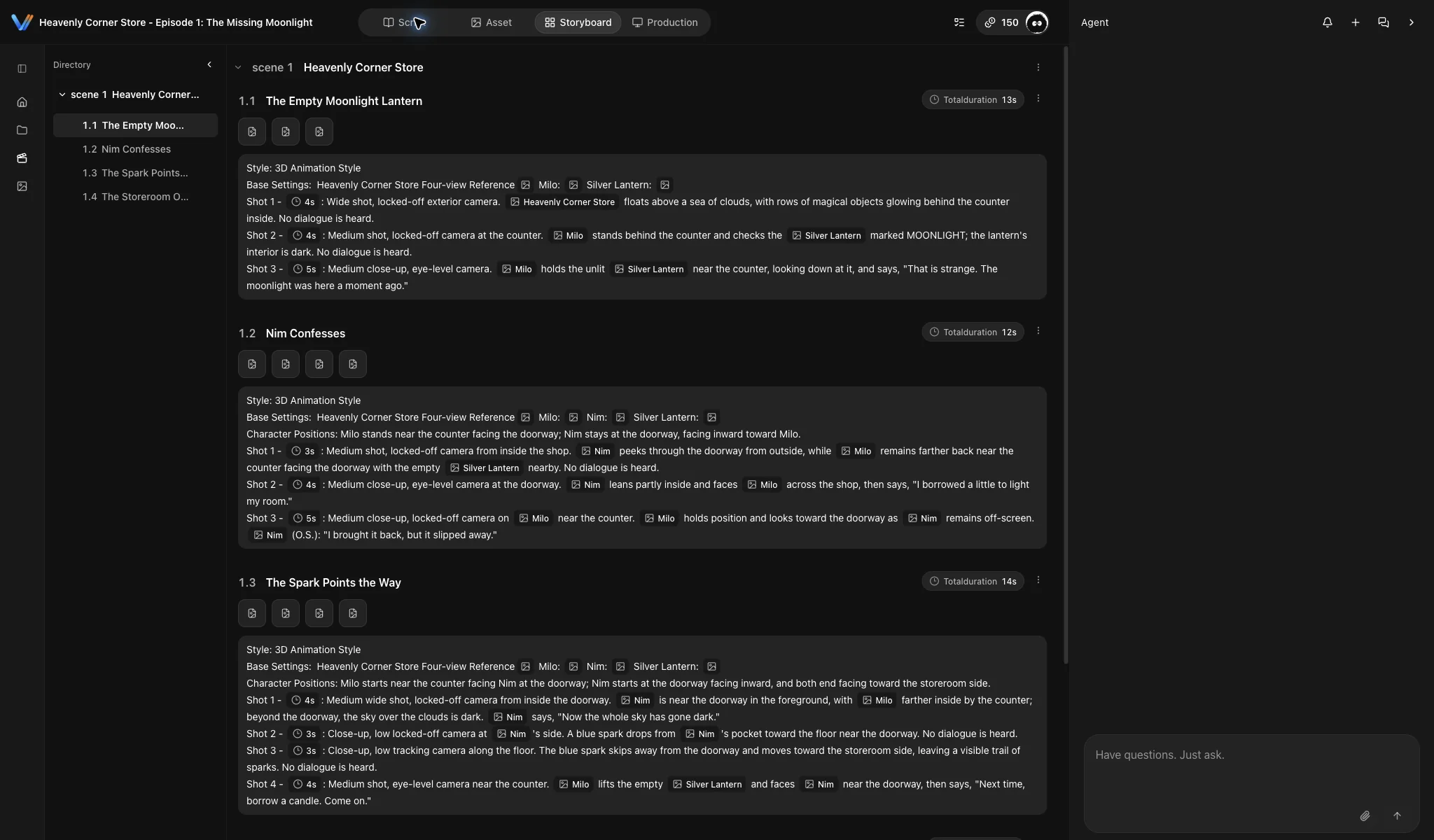 Audited English Storyboard with one scene, four clips, and linked assets