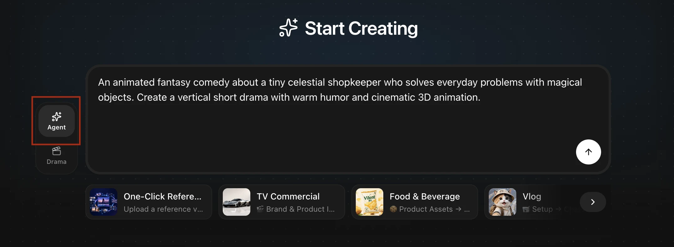 Choose Agent mode and describe the video to create in the English Vitent interface