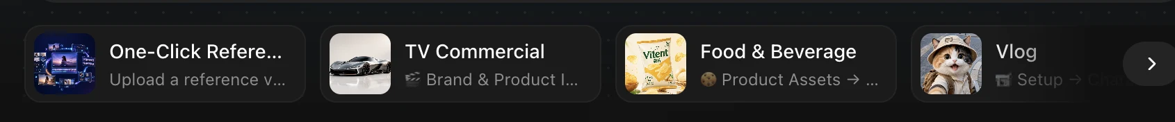 English Vitent template shortcuts for One-Click Reference Video Remake, TV Commercial, Food and Beverage, and Vlog