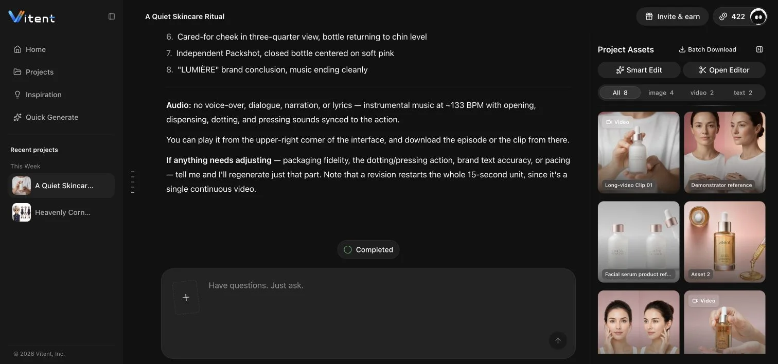 Completed 15-second marketing video in the Agent project assets