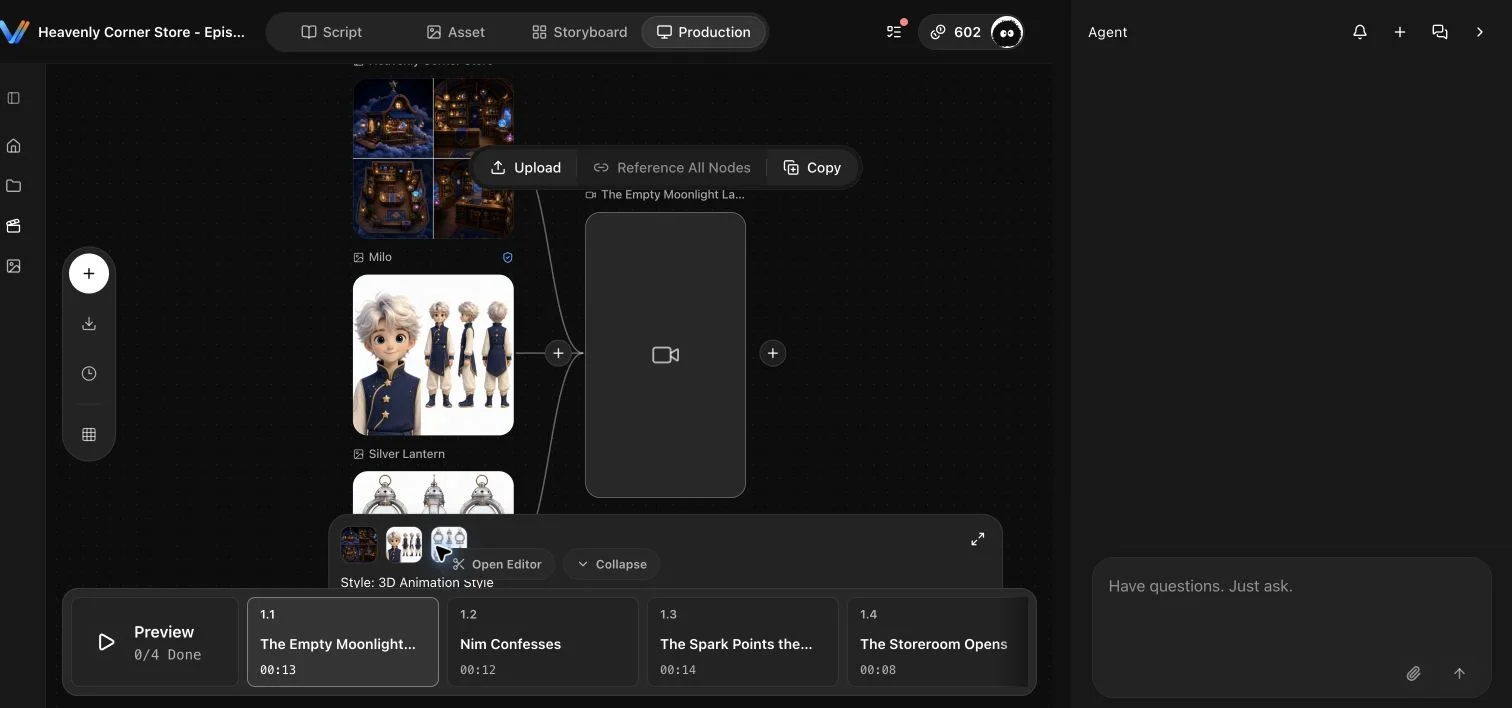 English Production canvas after Import All connects three references to the video node
